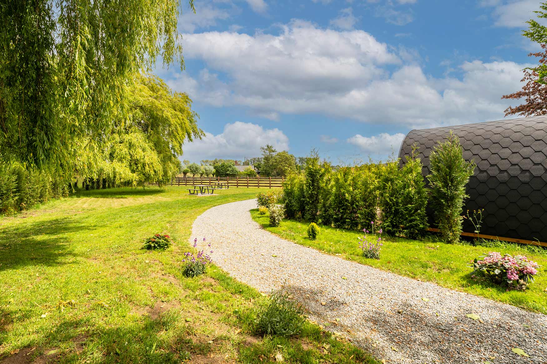 Pad naar de Camping Pods van B&B Terra van Velsen - landelijk uitzicht Landelijk pad naar de Pods van B&B Terra van Velsen